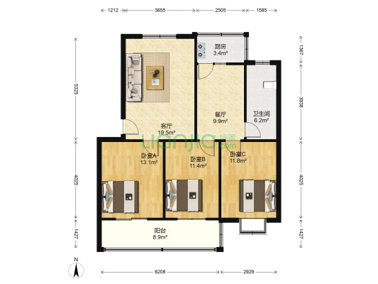红宇家苑 3室2厅1卫 106平方