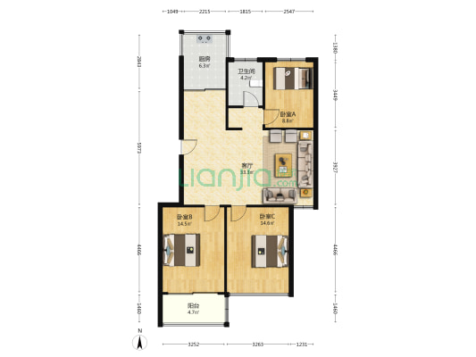 泽园现代城 3室1厅1卫 118平方