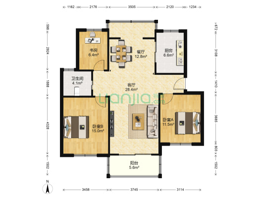 山鑫康城 3室2厅1卫 107平方
