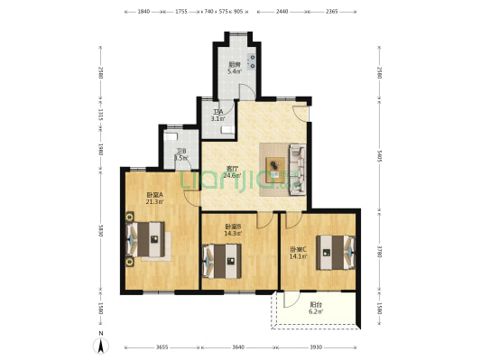 茶山路114号 3室1厅2卫 109平方