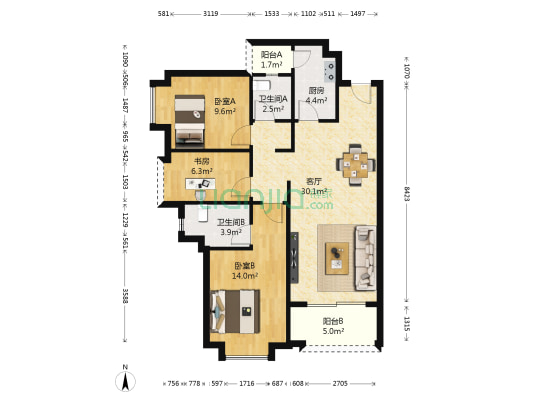 雪域澜庭A2区 3室1厅2卫 98平方
