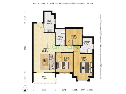 华润公元九里 3室1厅2卫 96平方