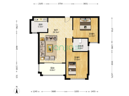 万达广场一期住宅 2室1厅1卫 94平方