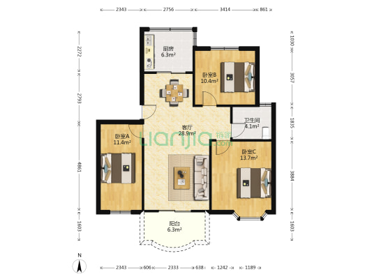 嘉南公寓影池居 3室1厅1卫 95平方