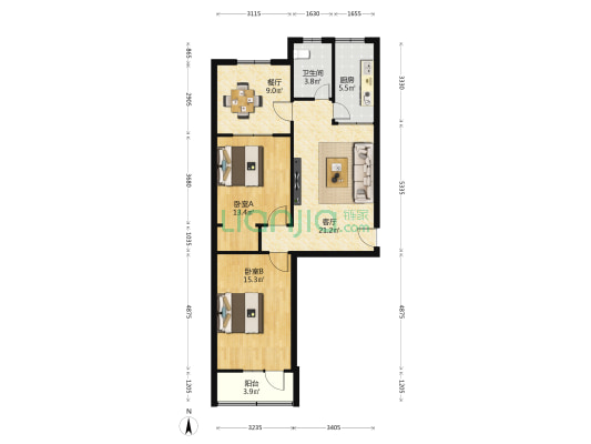 中华北大街单位宿舍 2室2厅1卫 75平方