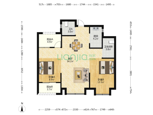 华鸿·国樾府 2室1厅2卫 95平方