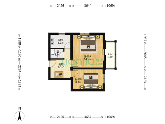 云岗北区东里 2室1厅1卫 47平方
