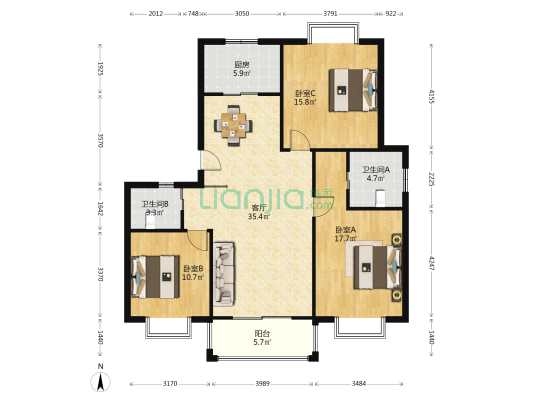 鸿运家园 3室1厅2卫 116平方