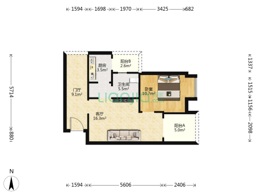 玫瑰园十六公寓 1室1厅1卫 57平方