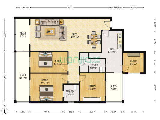 状元街五巷46号 3室1厅2卫 137平方