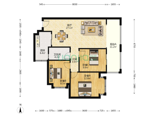 华芝中央铭城 3室1厅1卫 97平方