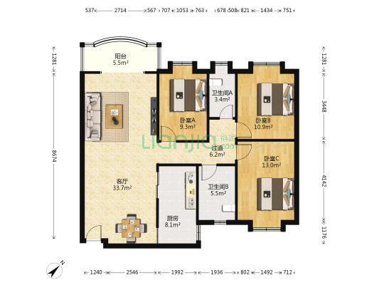 欧景花园一期 3室1厅2卫 106平方