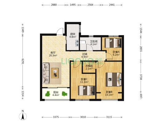 佳兆业城市广场一期 3室1厅1卫 86平方
