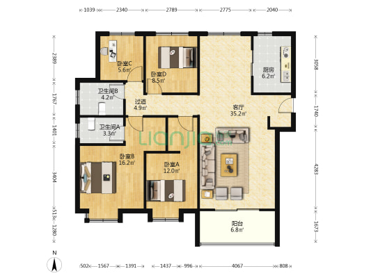 德盈龙华国际广场 4室1厅2卫 140平方