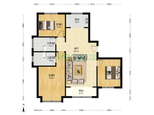 鹏渤·印象城 3室1厅 南 北-户型图