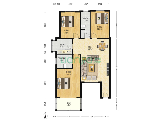 园丁小区 3室1厅2卫 121平方