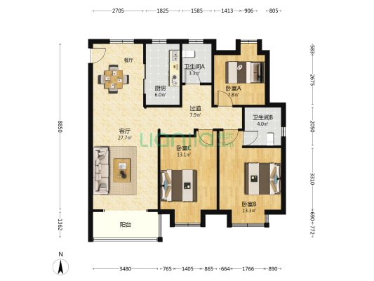 晋源水岸花苑 3室1厅2卫 121平方