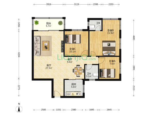 九洲大厦 3室2厅2卫 115平方