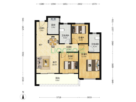 金地峯范 3室1厅2卫 97平方