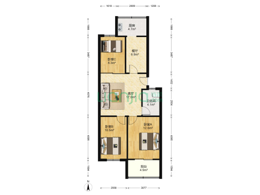 天能小区 3室2厅1卫 87平方