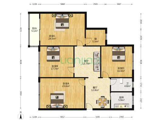 双龙西路275号 4室2厅1卫 159平方