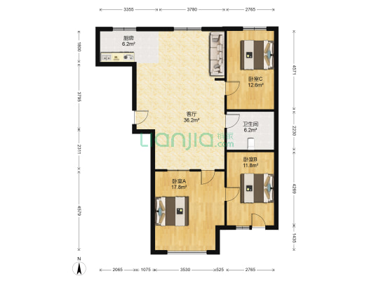 御景名家A区 3室1厅1卫 121平方