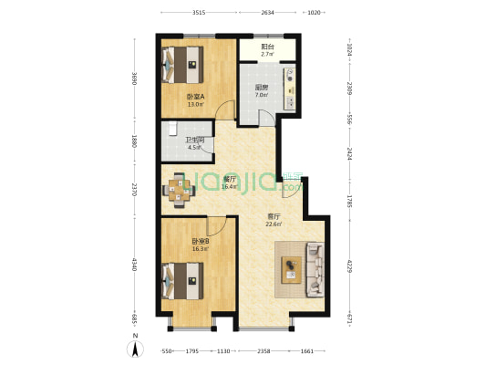 佳缘公寓 2室2厅1卫 110平方