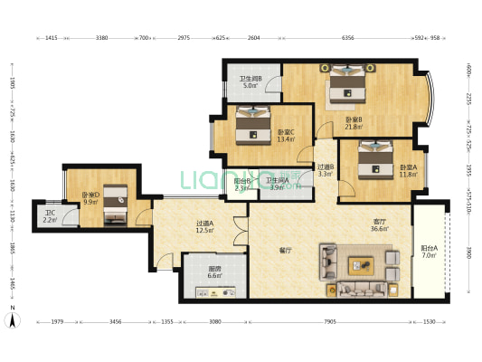怡廷豪园B区 4室1厅3卫 170平方