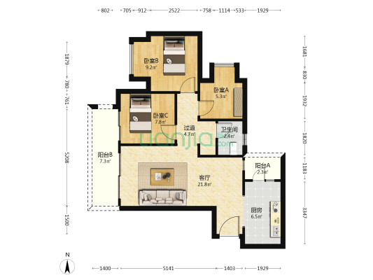中国摩六期紫藤佳苑 3室1厅1卫 86平方