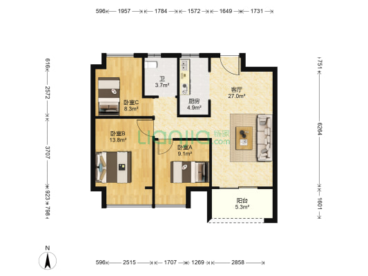 玉兰公馆一区 3室1厅1卫 96平方