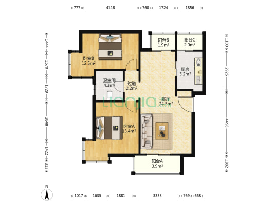 朗庭园 2室1厅1卫 96平方