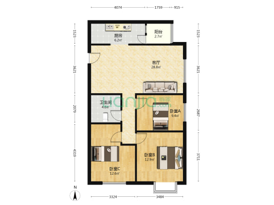 德信公园 北侧 东南向 中高层 满二-户型图