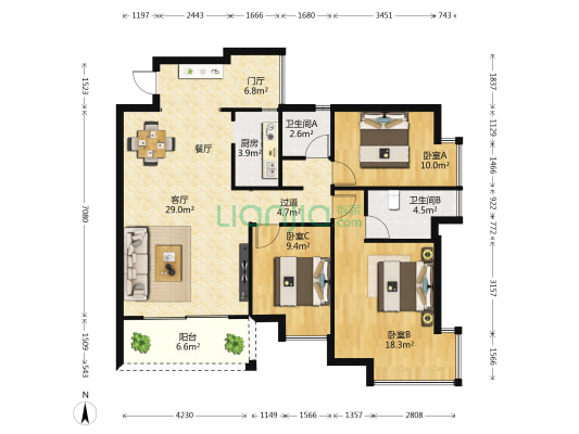 康桥蓝湾 3室1厅2卫 123平方