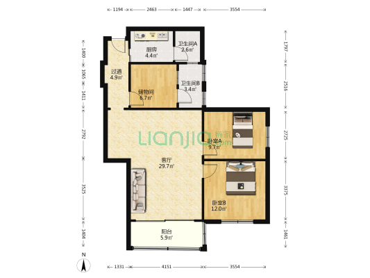 新新花园 2室1厅2卫 95平方