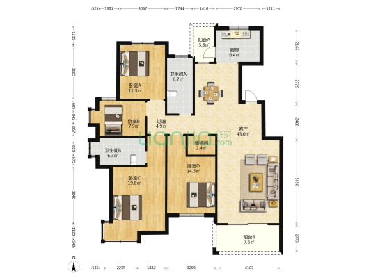 汀洲花苑南 4室1厅2卫 160平方
