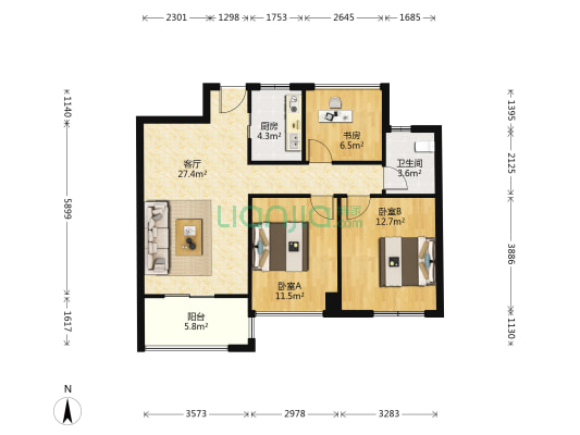 首开国风美域 3室1厅1卫 88平方