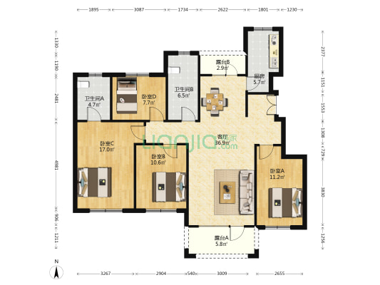 明珠城贰号院 4室1厅2卫 130平方