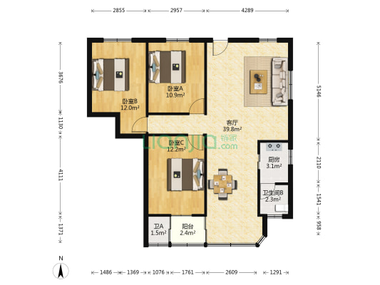 劳动局宿舍 3室1厅2卫 100平方