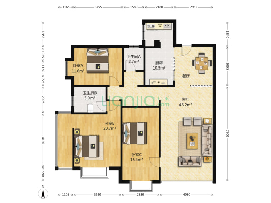 春城慧谷一期B区 3室1厅2卫 140平方