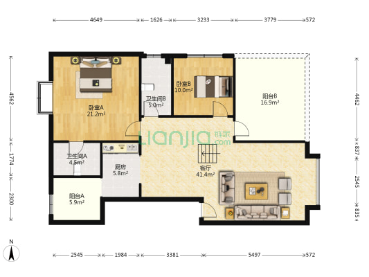 泰康家园 2室1厅2卫 138平方