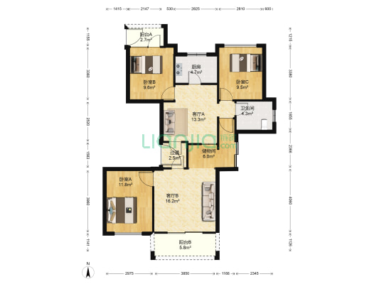中梁首府壹号院 3室2厅1卫 131平方