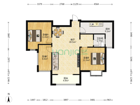  3室1厅1卫 92平方