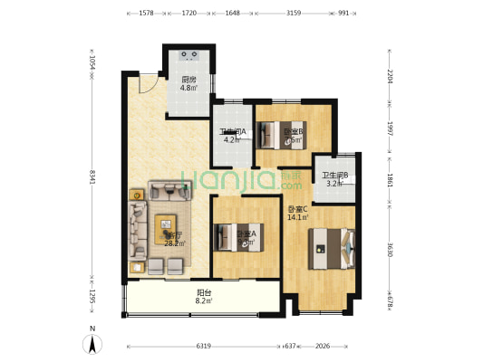 环球中心一期A区 3室1厅2卫 105平方
