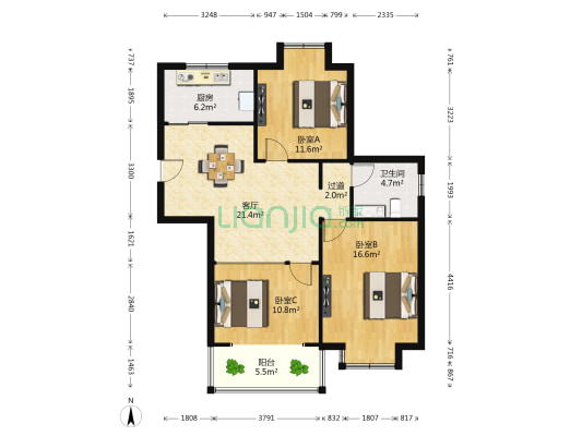 金玉花苑 3室1厅1卫 103平方