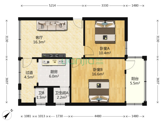 中区粮食局宿舍 2室1厅2卫 78平方