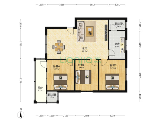 新盛花园 3室1厅2卫 99平方