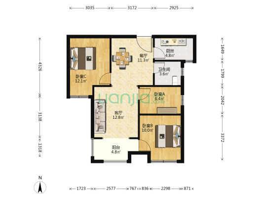 名门熙锦苑 3室2厅1卫 88平方