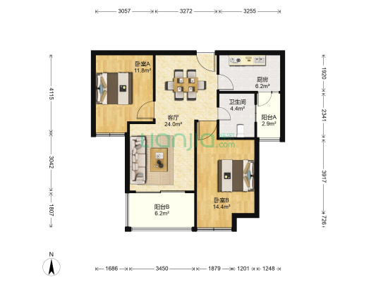 中航城 2室1厅1卫 89平方