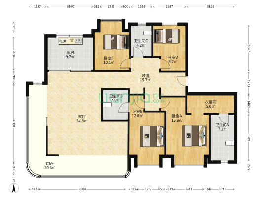 阳光城檀境 4室1厅3卫 195平方