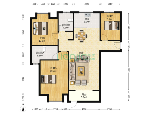 舟山花园二区 3室1厅2卫 128平方